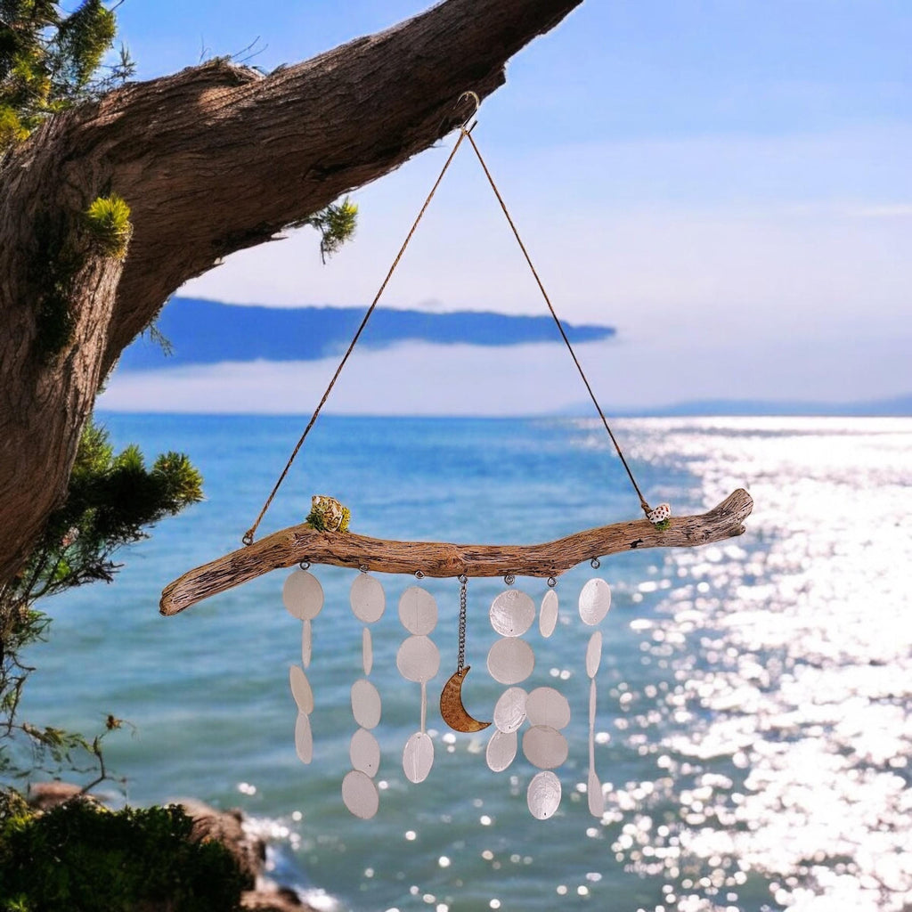 Driftwood Wind Chime with Capiz Shells & Gold Moon – Coastal Boho Hanging Decor