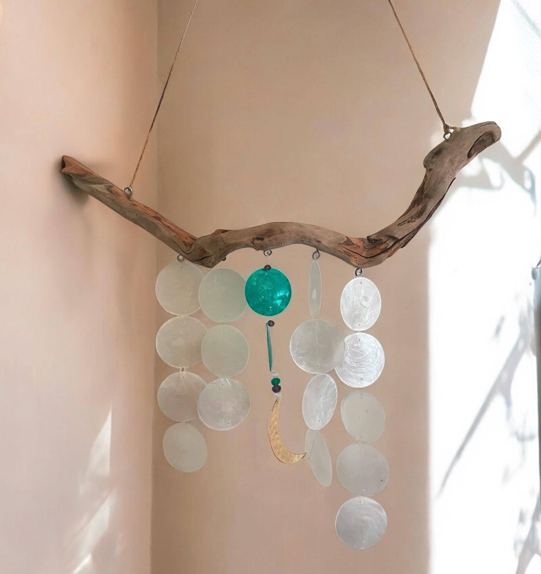 Driftwood Wind Chime with Capiz Shells & Gold Moon – Coastal Boho Hanging Decor