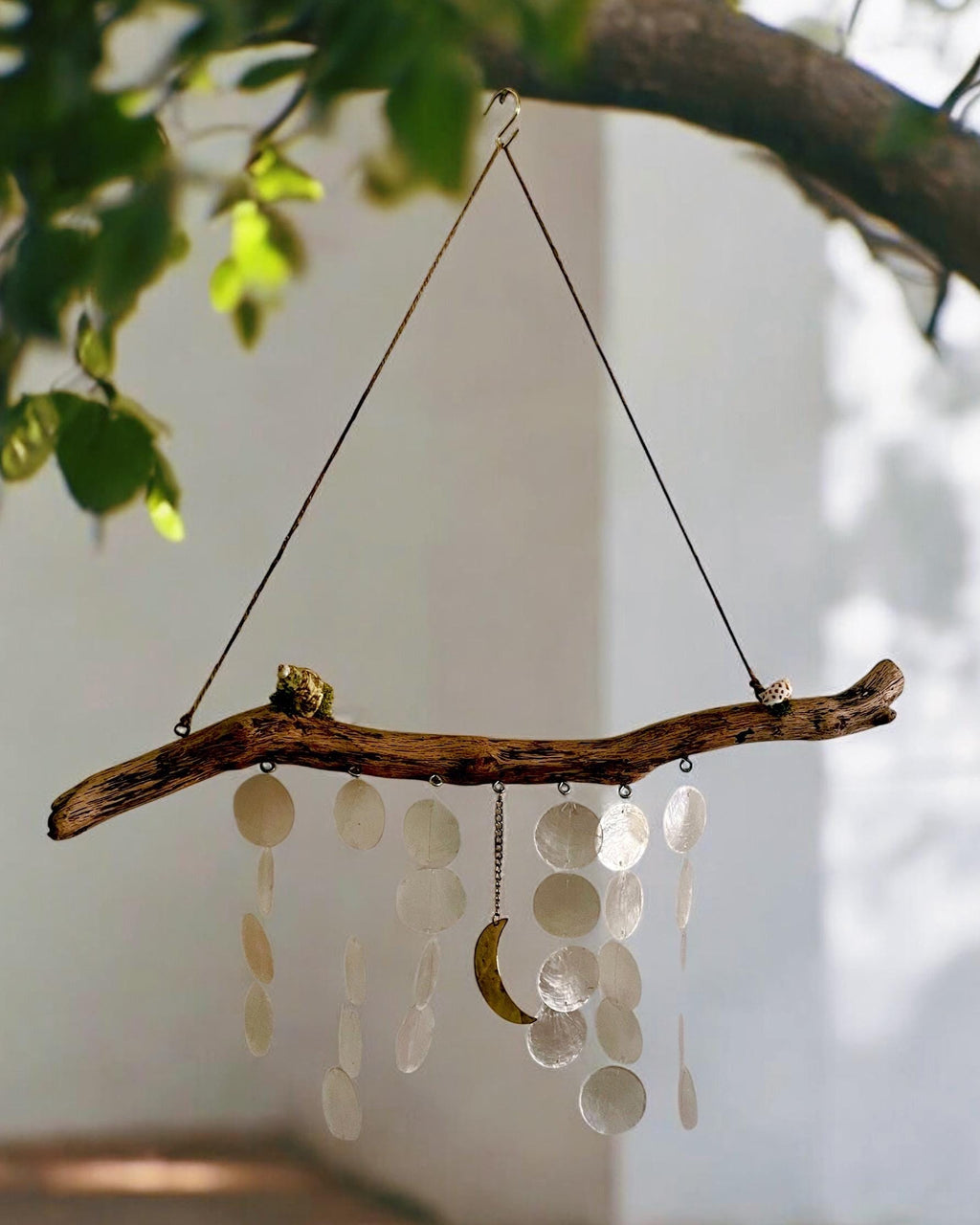 Driftwood Wind Chime with Capiz Shells & Gold Moon – Coastal Boho Hanging Decor