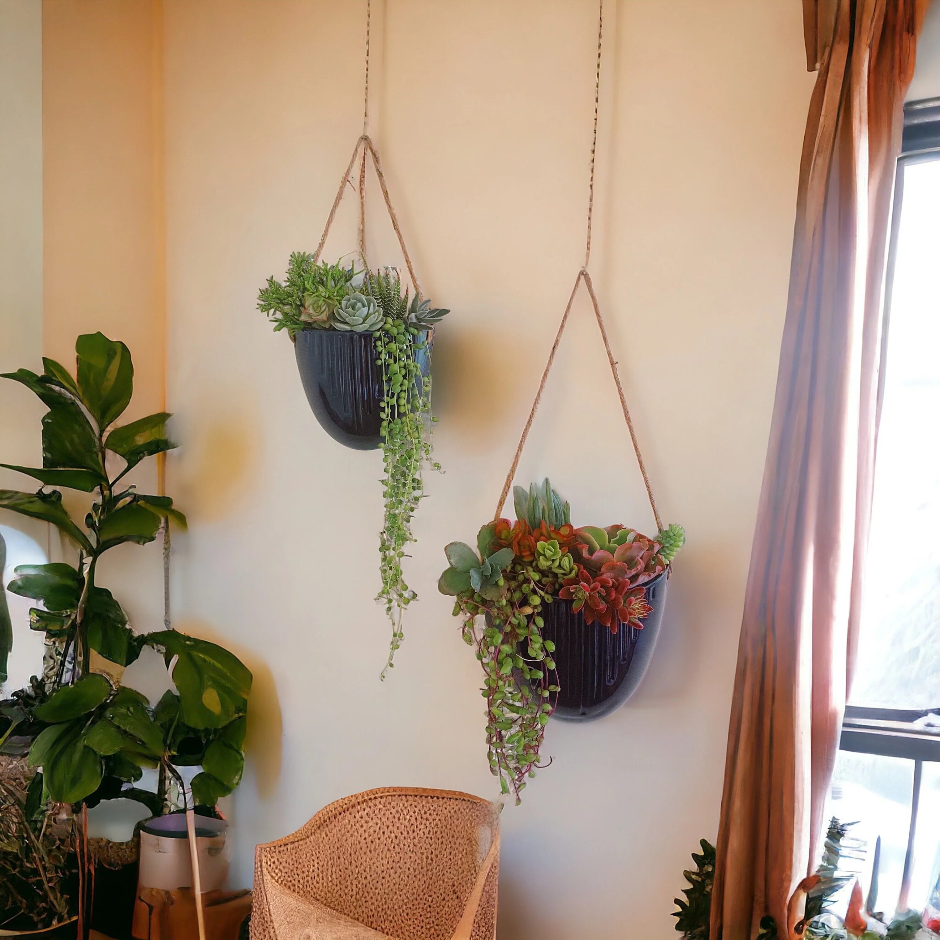 Blue Ceramic Hanging Succulent Planters – Set of 2 or Individual | Trailing Succulents Wall Decor