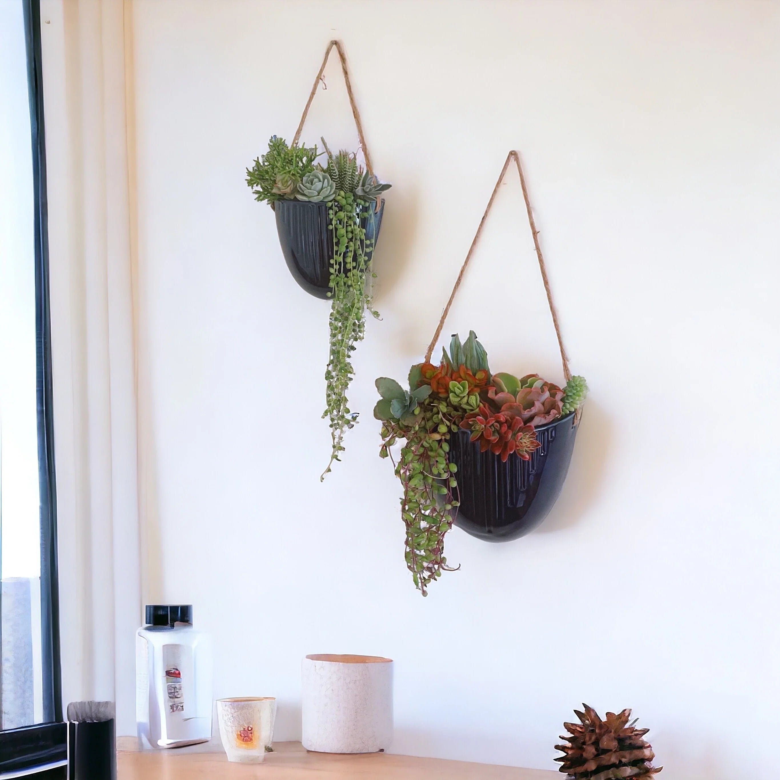 Blue Ceramic Hanging Succulent Planters – Set of 2 or Individual | Trailing Succulents Wall Decor