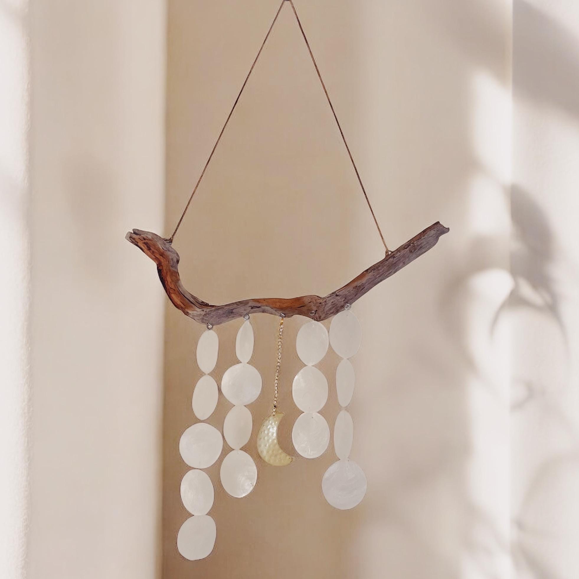 Driftwood Wind Chime with Capiz Shells & Gold Moon – Coastal Boho Hanging Decor