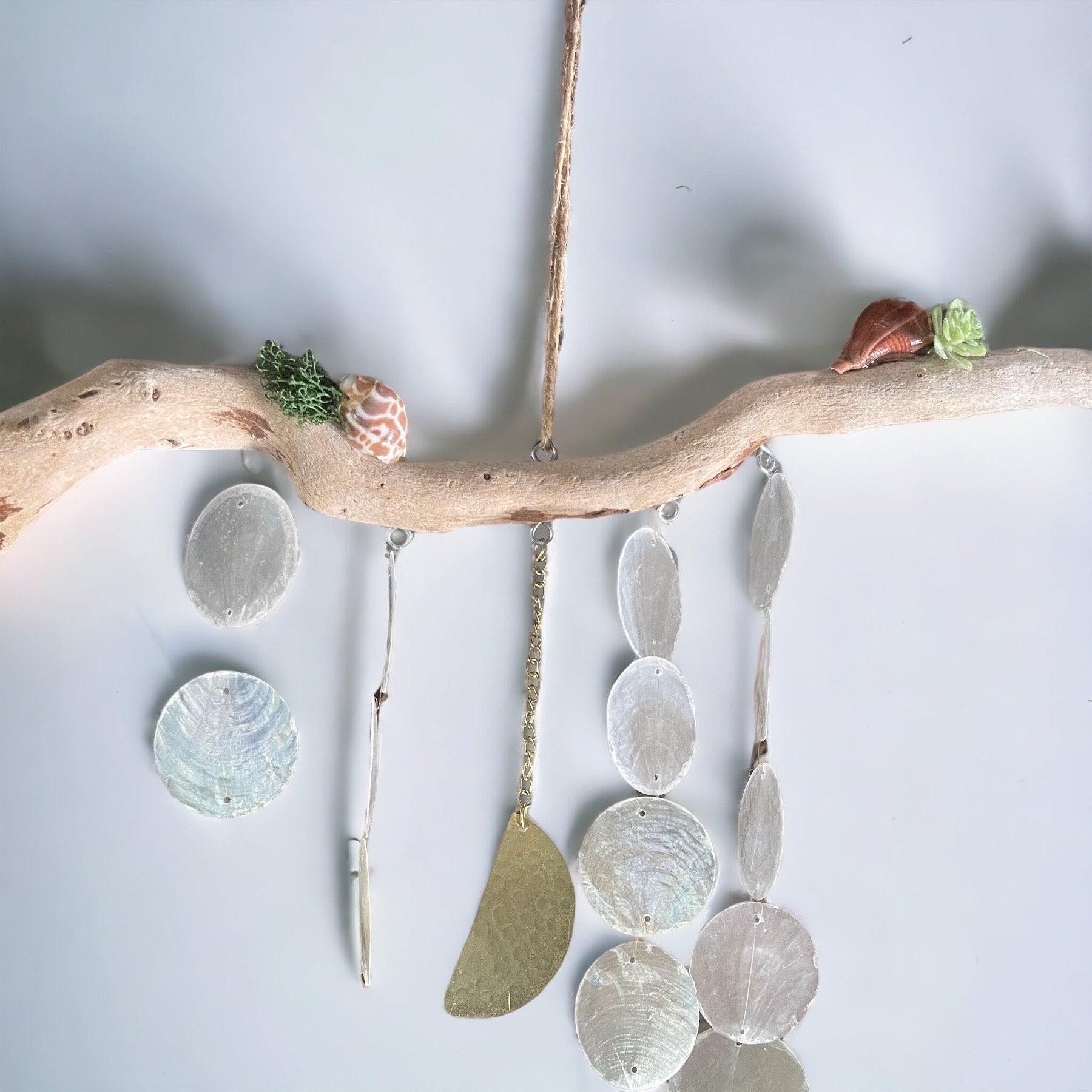 Driftwood Wind Chime with Capiz Shells & Gold Moon – Coastal Boho Hanging Decor
