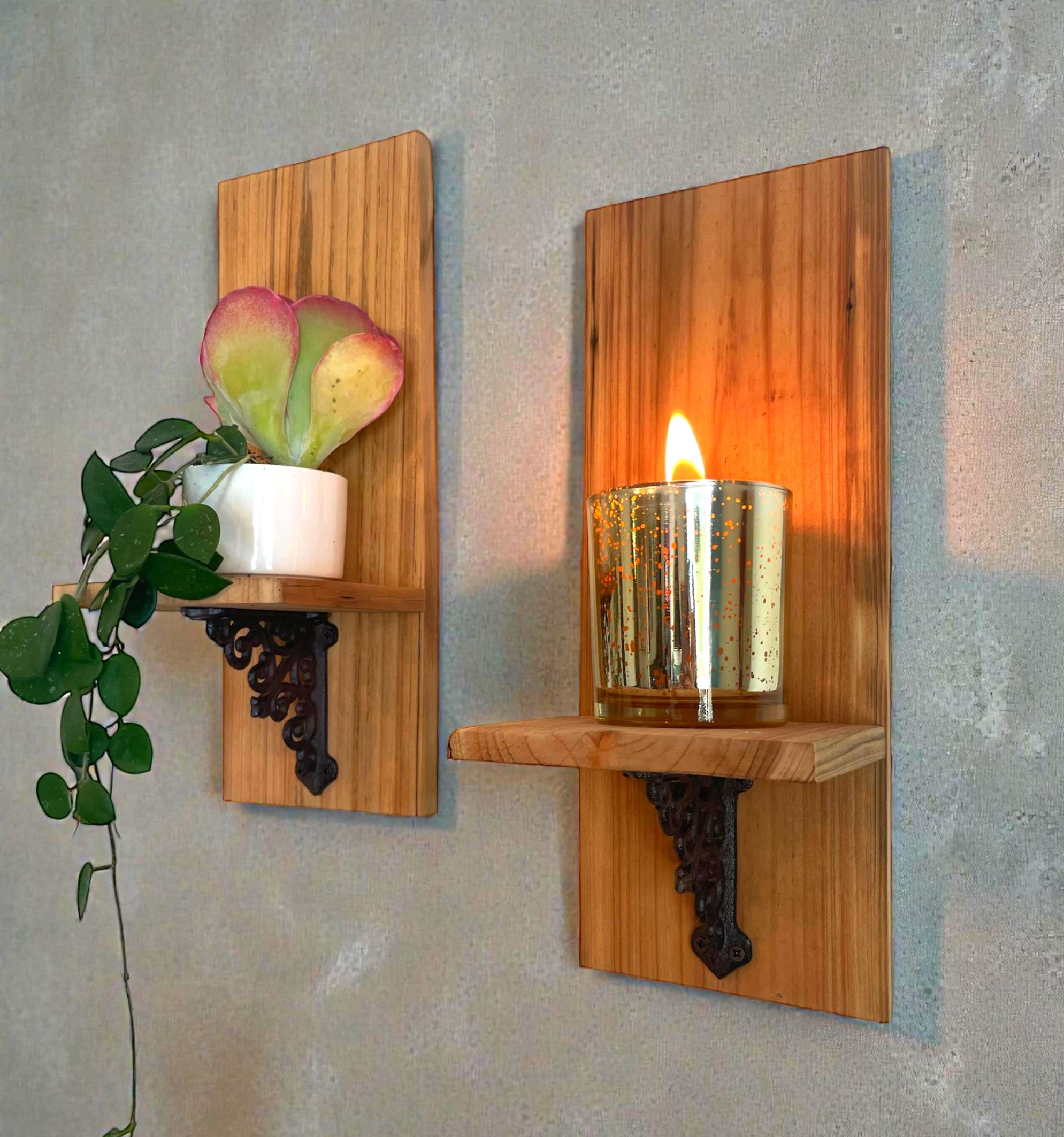 Rustic Reclaimed Wood Wall Shelf with Copper Brackets – Handmade Plant & Candle Display