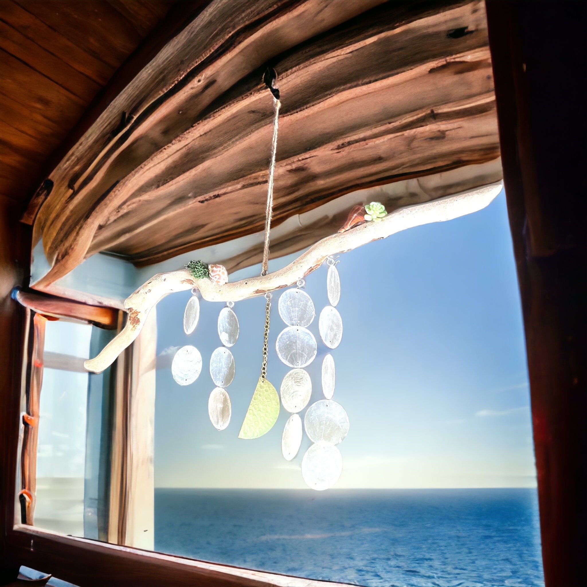 Driftwood Wind Chime with Capiz Shells & Gold Moon – Coastal Boho Hanging Decor