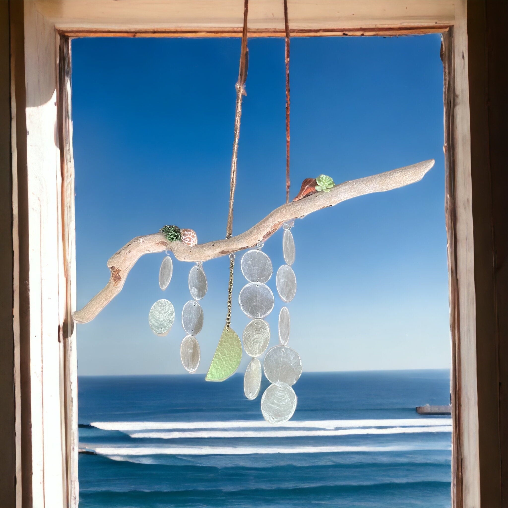 Driftwood Wind Chime with Capiz Shells & Gold Moon – Coastal Boho Hanging Decor