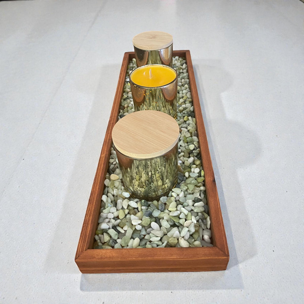 Handmade Wooden Tray Centerpiece – Crystal, Candle & Air Plant Display (19” x 6”)