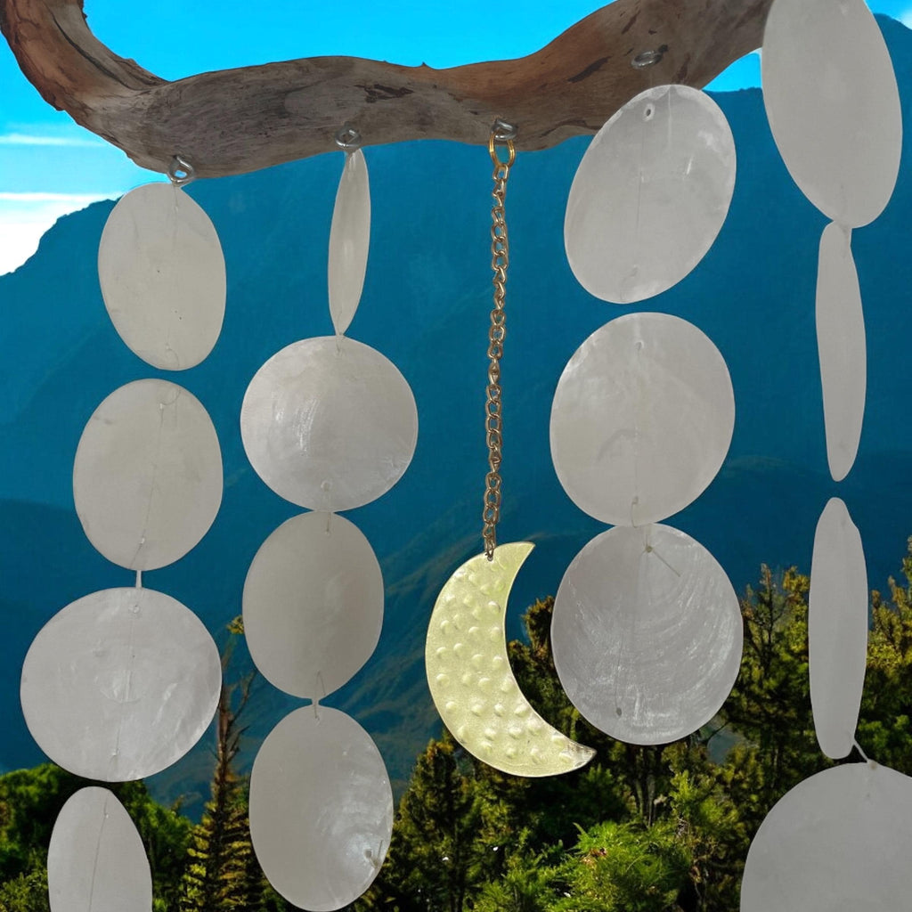 Driftwood Wind Chime with Capiz Shells & Gold Moon – Coastal Boho Hanging Decor