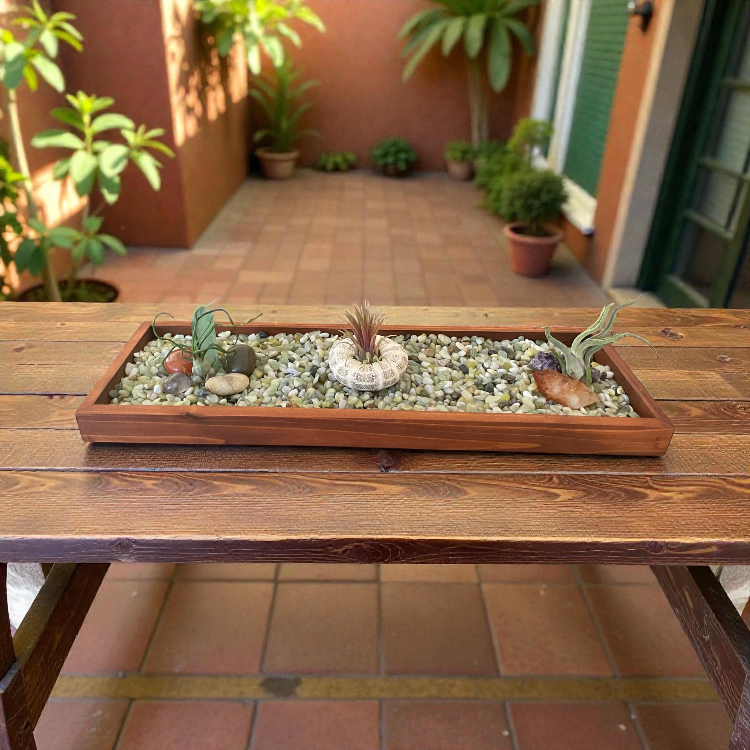 Handmade Wooden Tray Centerpiece – Crystal, Candle & Air Plant Display (19” x 6”)