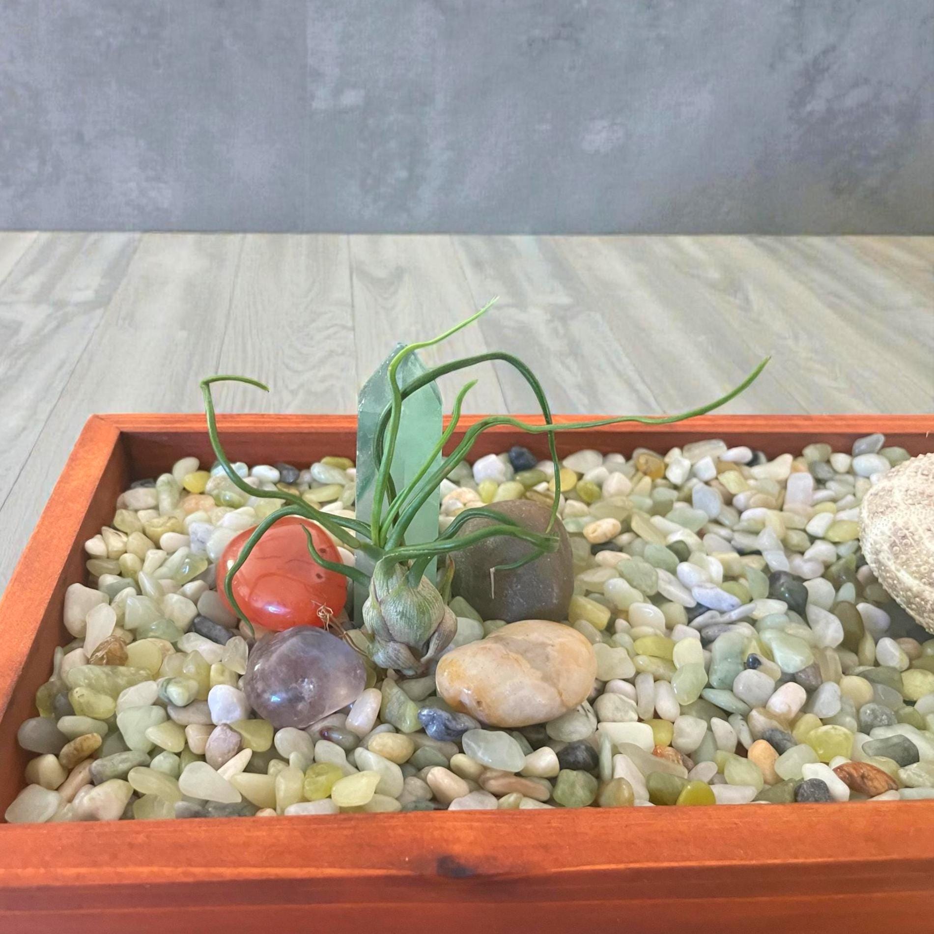 Handmade Wooden Tray Centerpiece – Crystal, Candle & Air Plant Display (19” x 6”)