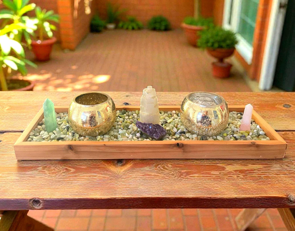 Handmade Wooden Tray Centerpiece – Crystal, Candle & Air Plant Display (19” x 6”)