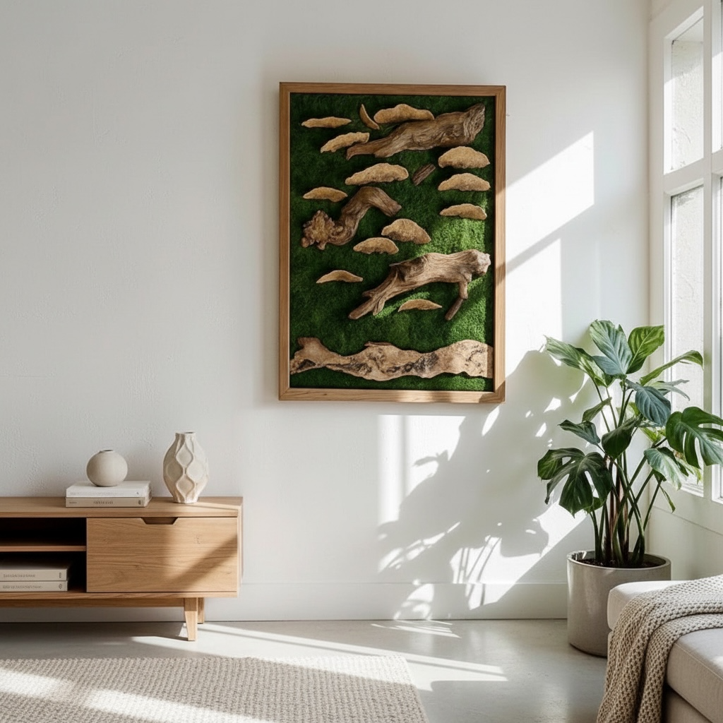 Moss Wall Art with Driftwood, Shells & Succulents | Preserved Moss Wall Decor | Handmade Natural Wall Hanging | Reclaimed Roots