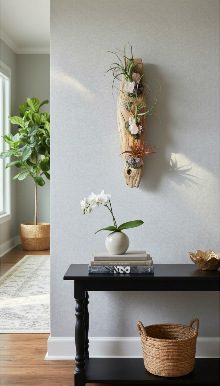 Crystal Driftwood Air Plant Wall Hanging | Amethyst & Quartz Tillandsia Wall Art | Boho Coastal Decor