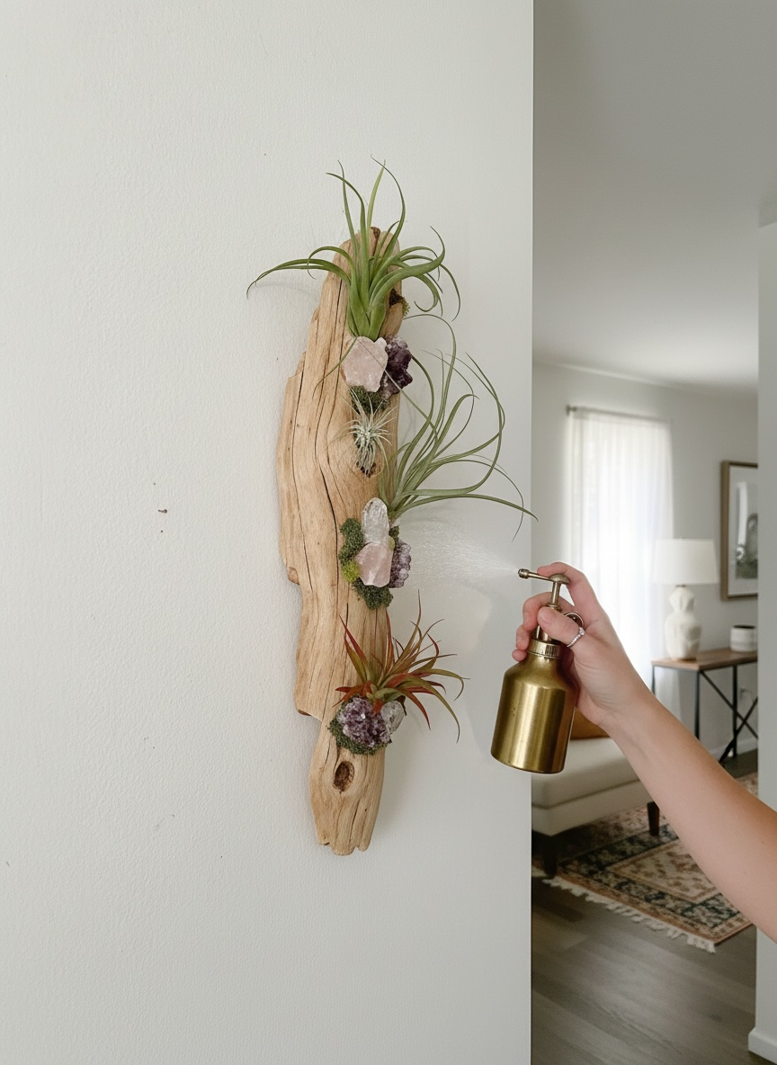 Crystal Driftwood Air Plant Wall Hanging | Amethyst & Quartz Tillandsia Wall Art | Boho Coastal Decor