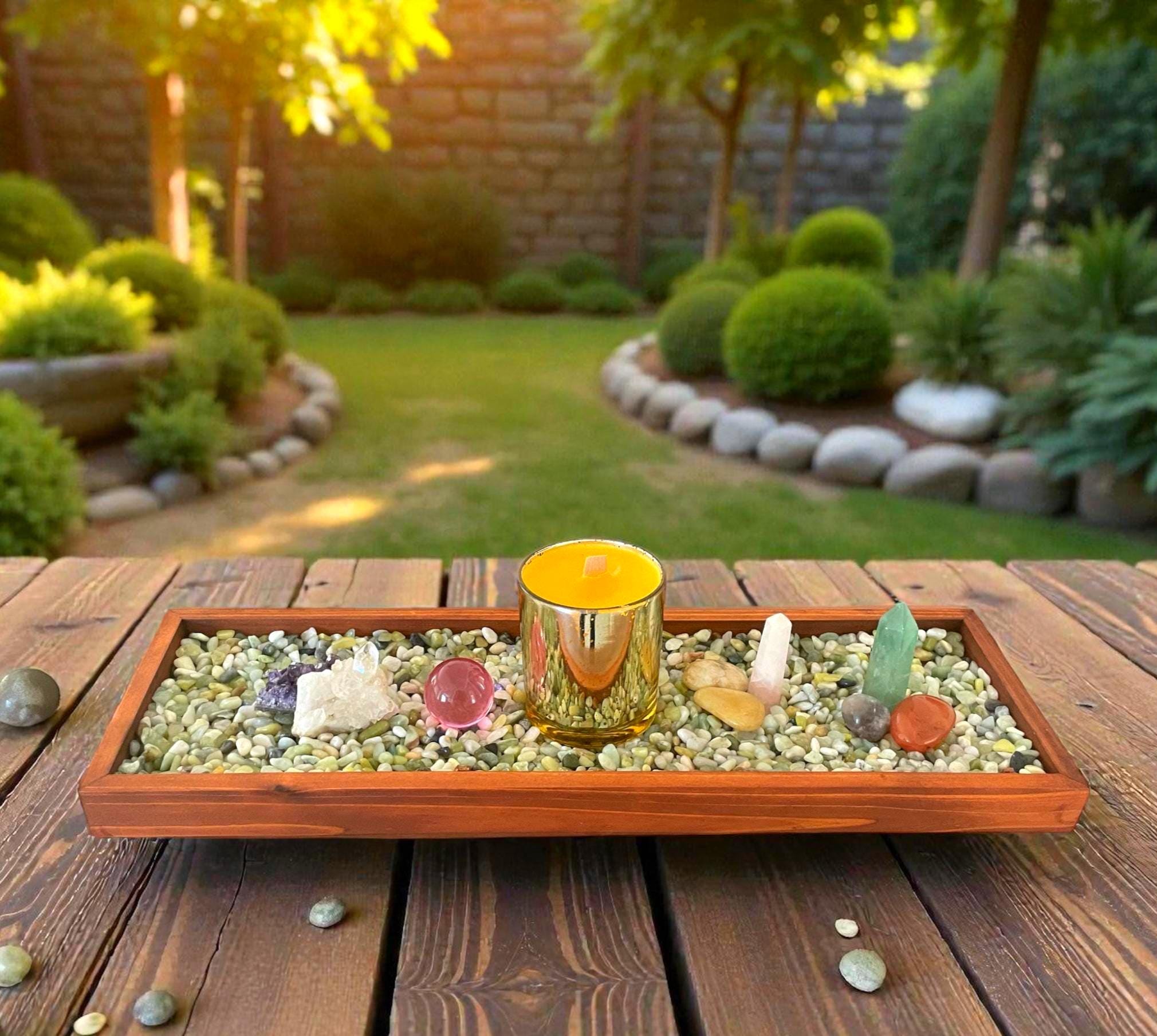 Handmade Wooden Tray Centerpiece – Crystal, Candle & Air Plant Display (19” x 6”)