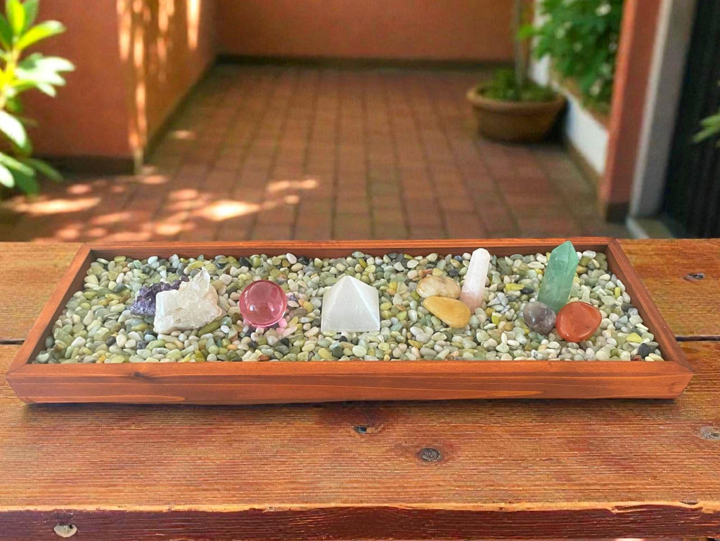 Handmade Wooden Tray Centerpiece – Crystal, Candle & Air Plant Display (19” x 6”)