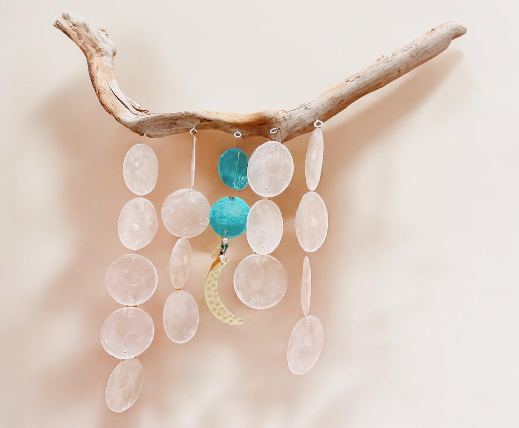 Driftwood Wind Chime with Capiz Shells & Gold Moon – Coastal Boho Hanging Decor