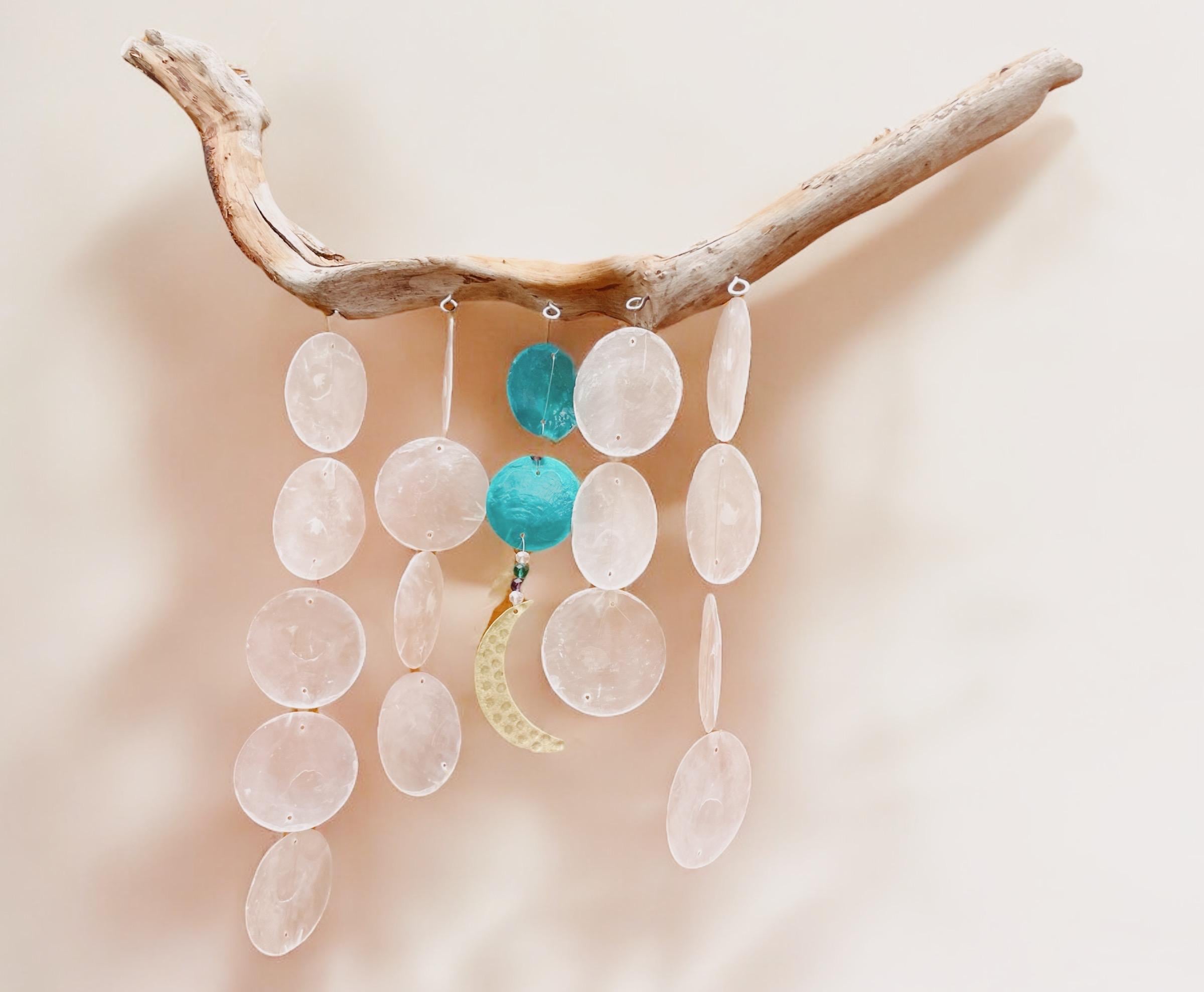 Driftwood Wind Chime with Capiz Shells & Gold Moon – Coastal Boho Hanging Decor