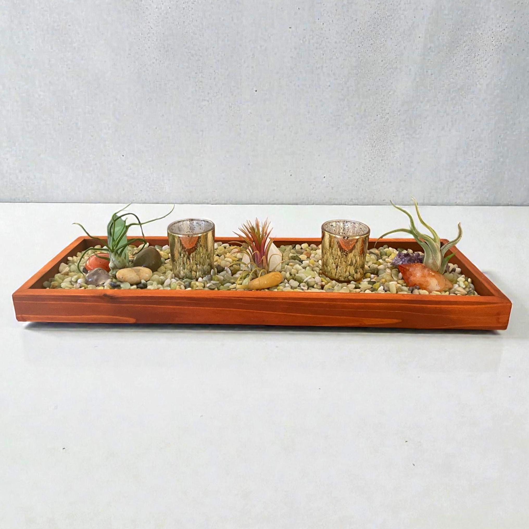 Handmade Wooden Tray Centerpiece – Crystal, Candle & Air Plant Display (19” x 6”)
