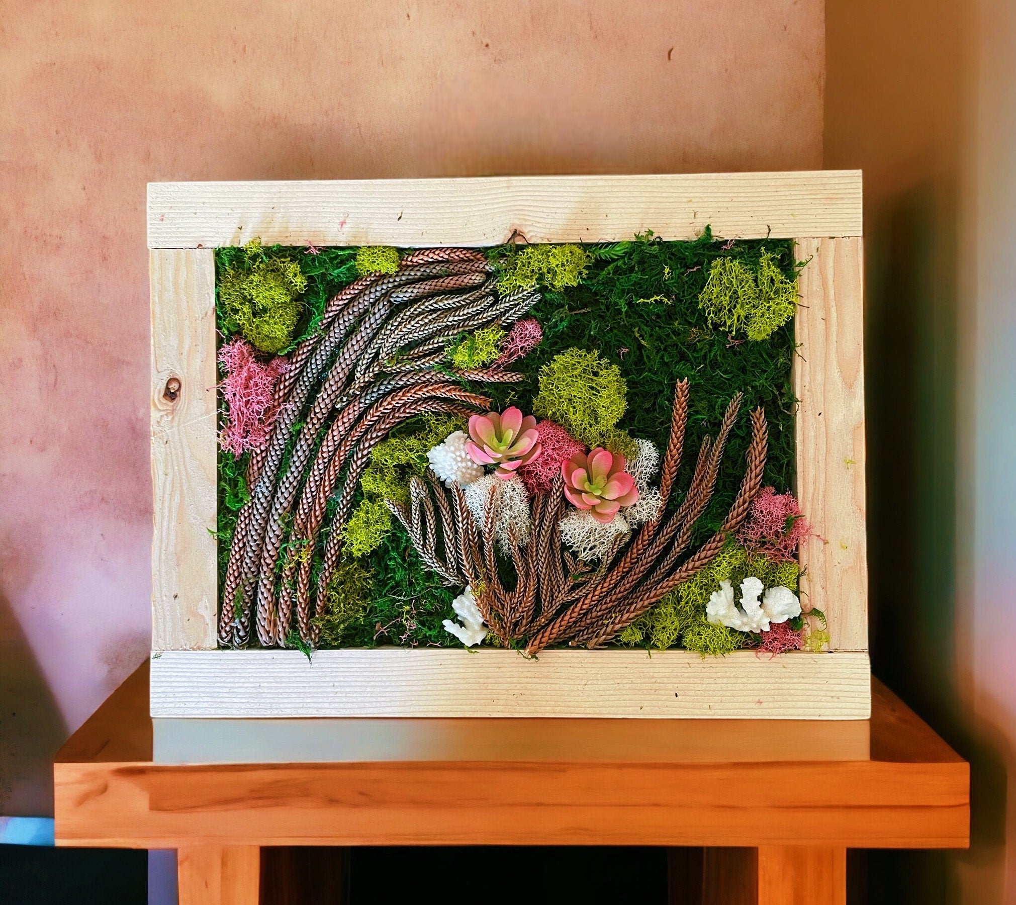 Moss Wall Art with Driftwood, Shells & Succulents | Preserved Moss Wall Decor | Handmade Natural Wall Hanging | Reclaimed Roots