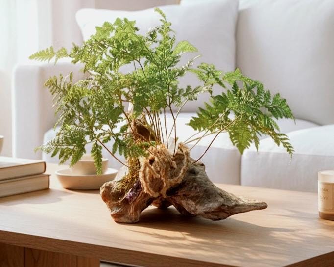 Driftwood Fern Centerpiece – Rabbit’s Foot Fern with Amethyst &amp; Quartz | One-of-a-Kind Coastal Sculptureastal Decor – 22” Statement Piece