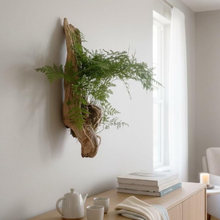 Driftwood Fern Wall Hanging – One of a Kind Living Wall Art – Sculptural Coastal Decor – Natural Wood Plant Mount – 25”