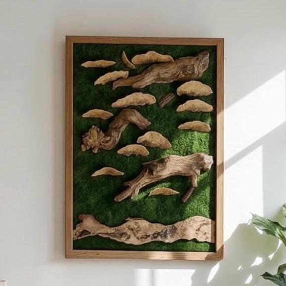 Moss Wall Art with Driftwood, Shells & Succulents | Preserved Moss Wall Decor | Handmade Natural Wall Hanging | Reclaimed Roots