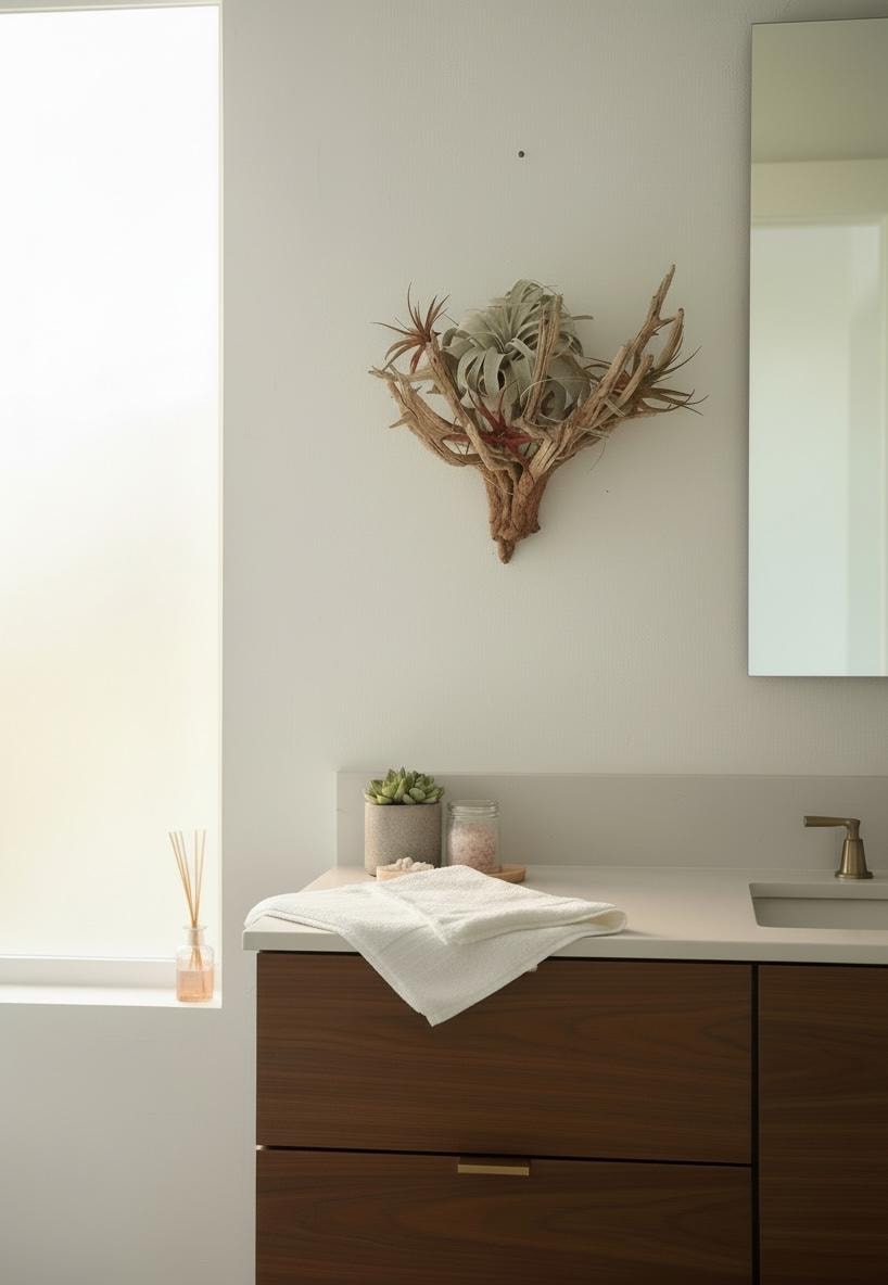Sculptural Hanging Manzanita Air Plant – Xerographica & Red Tillandsia Abdita – Coastal Modern Wall Art – 20” Statement Piece