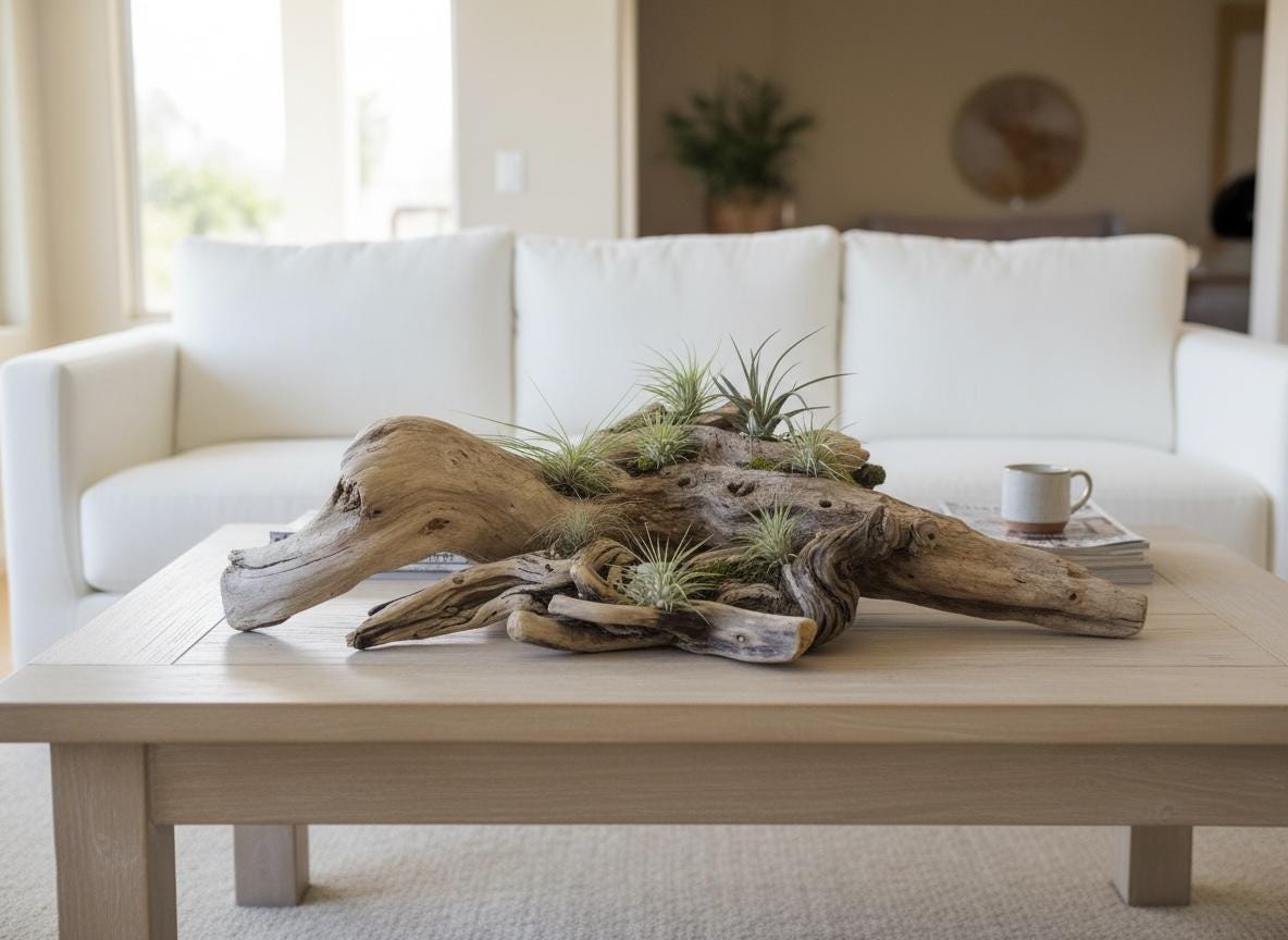 Sculptural Driftwood Centerpiece with Air Plants – Coastal Table Decor – Natural Wood Arrangement – Modern Organic Home Decor