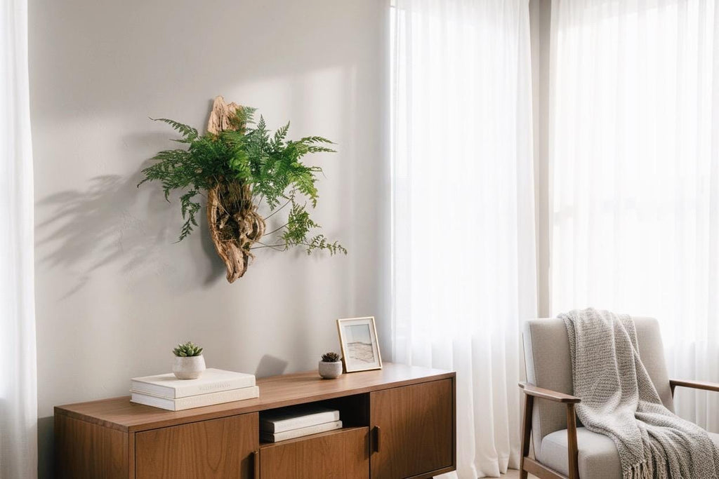 Driftwood Fern Wall Hanging – One of a Kind Living Wall Art – Sculptural Coastal Decor – Natural Wood Plant Mount – 25”