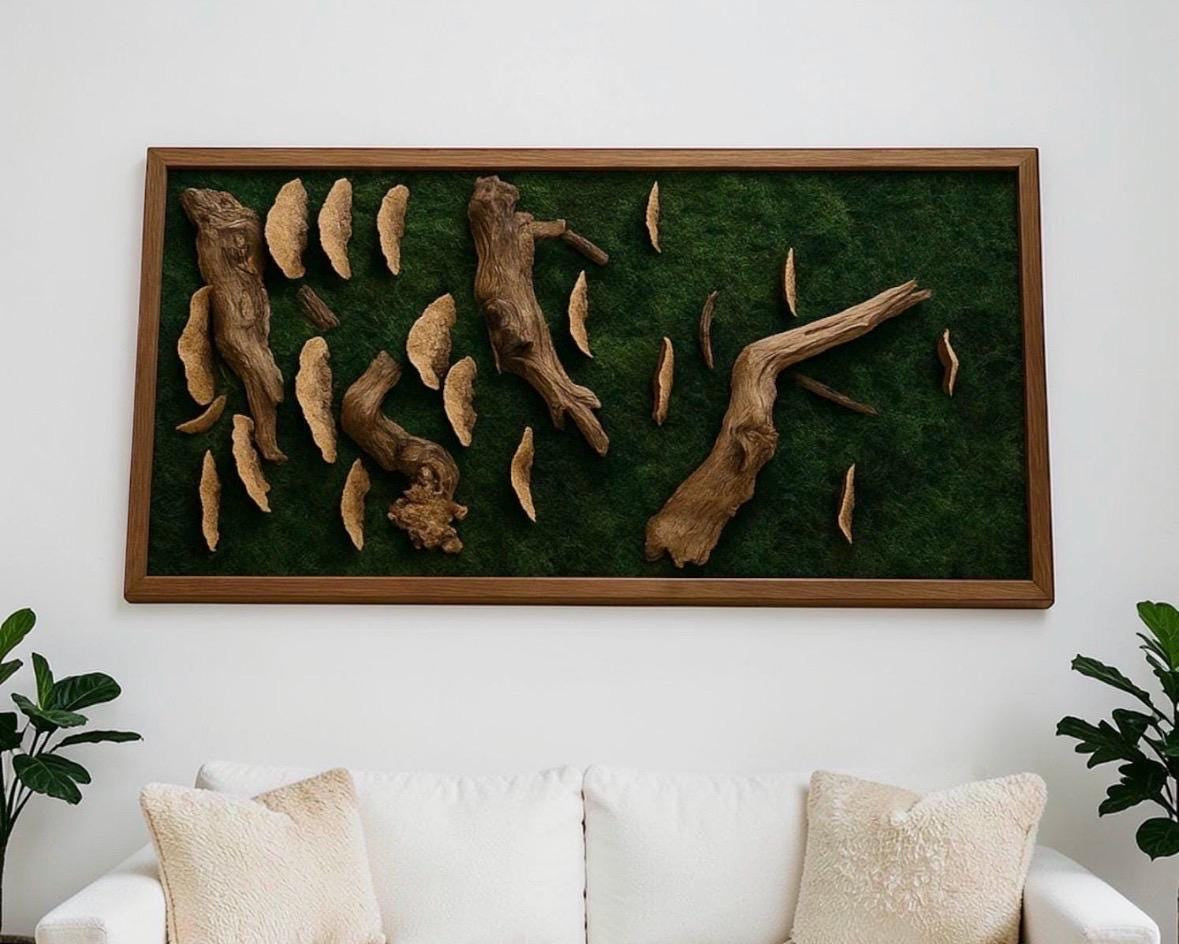 Moss Wall Art with Driftwood, Shells & Succulents | Preserved Moss Wall Decor | Handmade Natural Wall Hanging | Reclaimed Roots