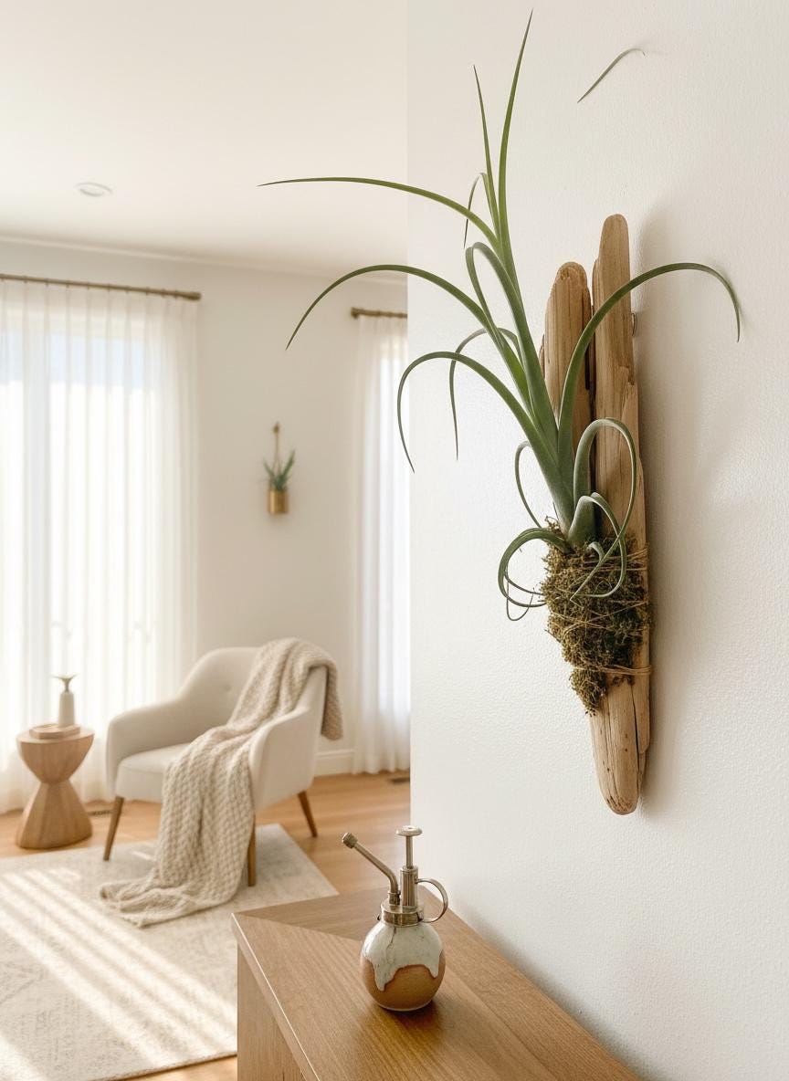 Sculptural Tillandsia Curly Slim Driftwood Mount | Living Wall Sculpture | Coastal Organic Decor | Large Mounted Air Plant