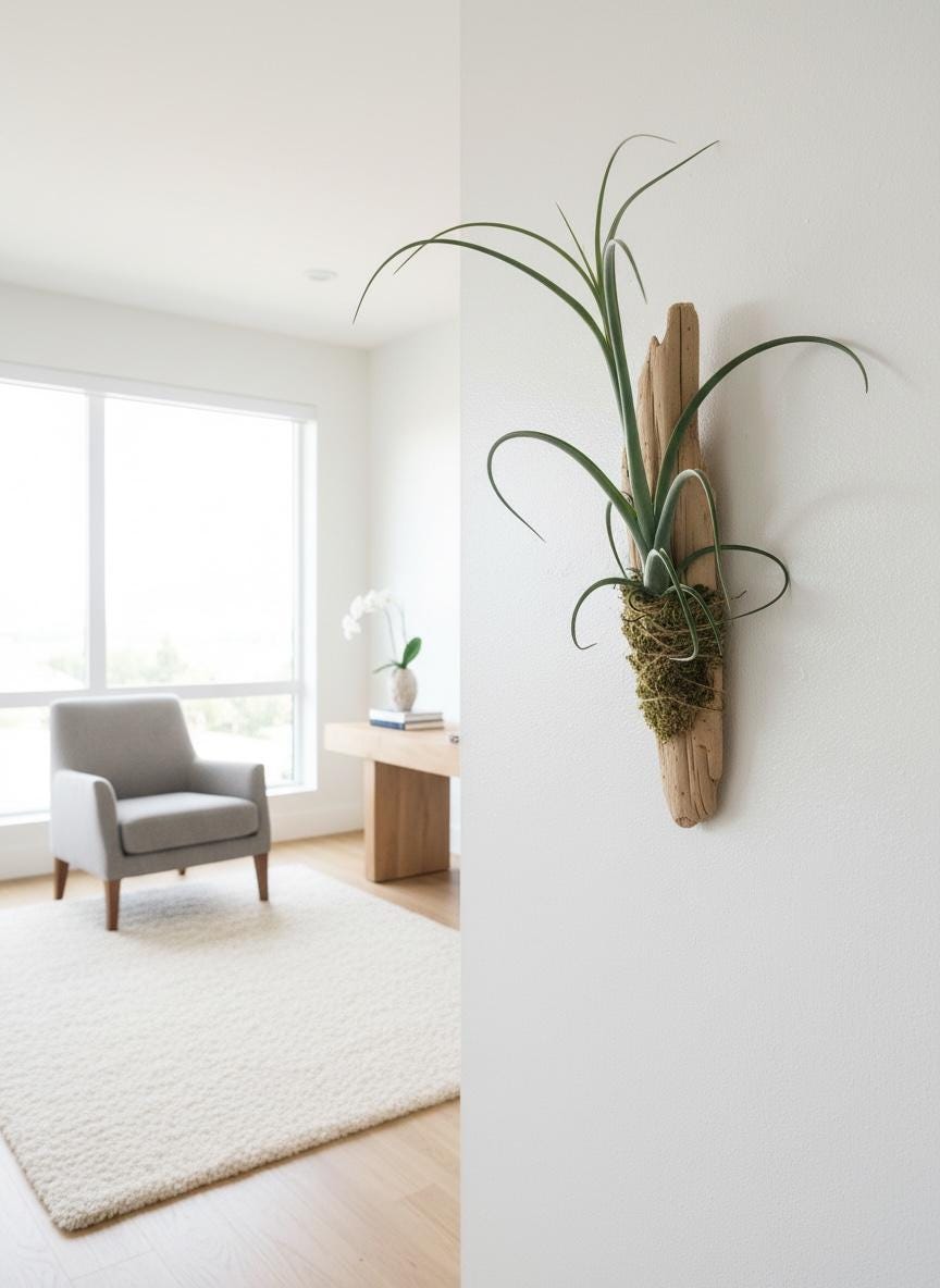 Sculptural Tillandsia Curly Slim Driftwood Mount | Living Wall Sculpture | Coastal Organic Decor | Large Mounted Air Plant