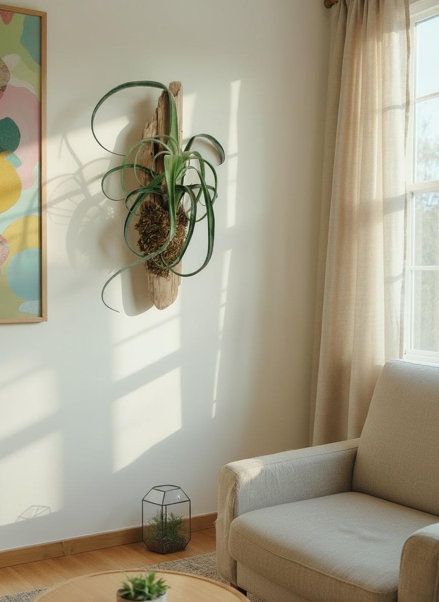 Sculptural Tillandsia Curly Slim Driftwood Mount | Living Wall Sculpture | Coastal Organic Decor | Large Mounted Air Plant